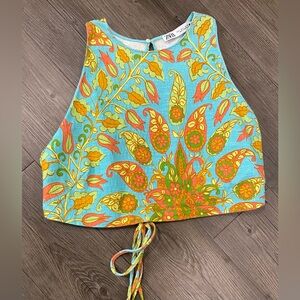 Zara Turquoise Floral Crop Halter Top with Orange & Yellow Accents